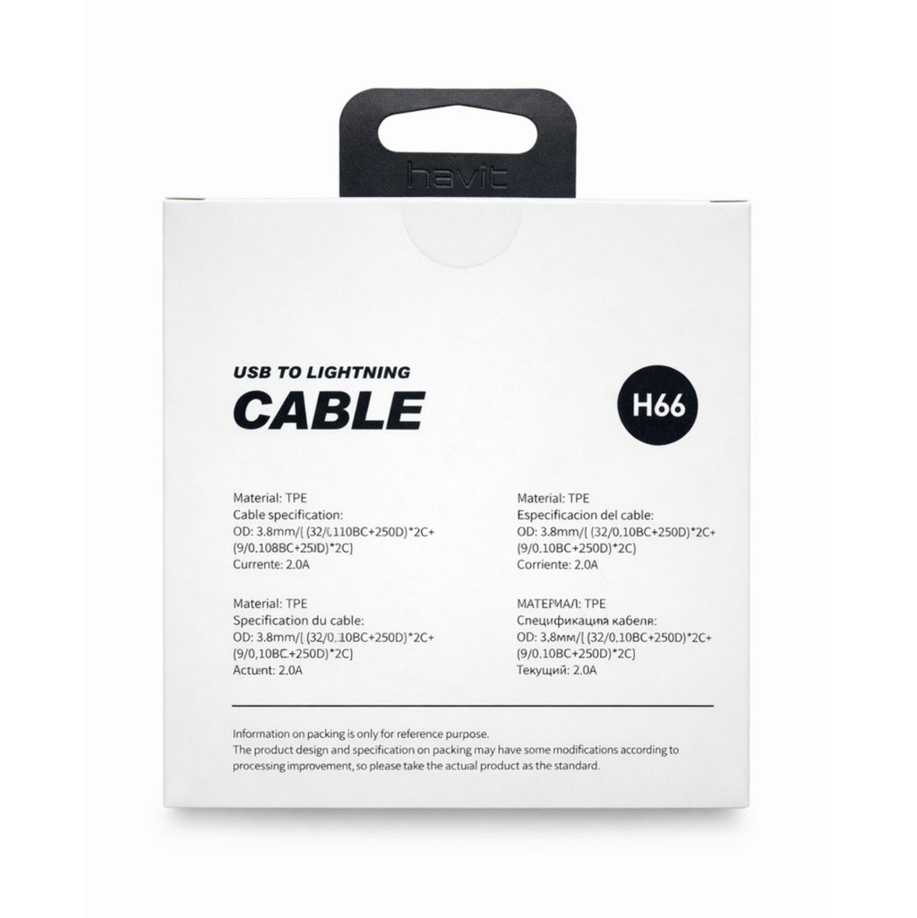 Cable de Datos Havit HV-H66 USB a Lightning 1.8m Negro | Carga Rápida 2A – TechHub