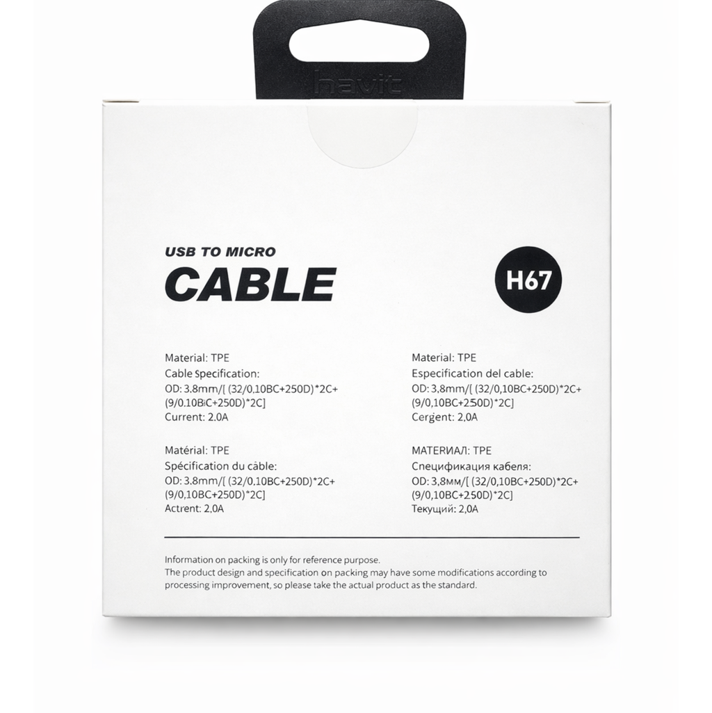 Cable de Datos Havit HV-H67 USB a Micro USB 1.0m Negro – Carga Rápida 2A
