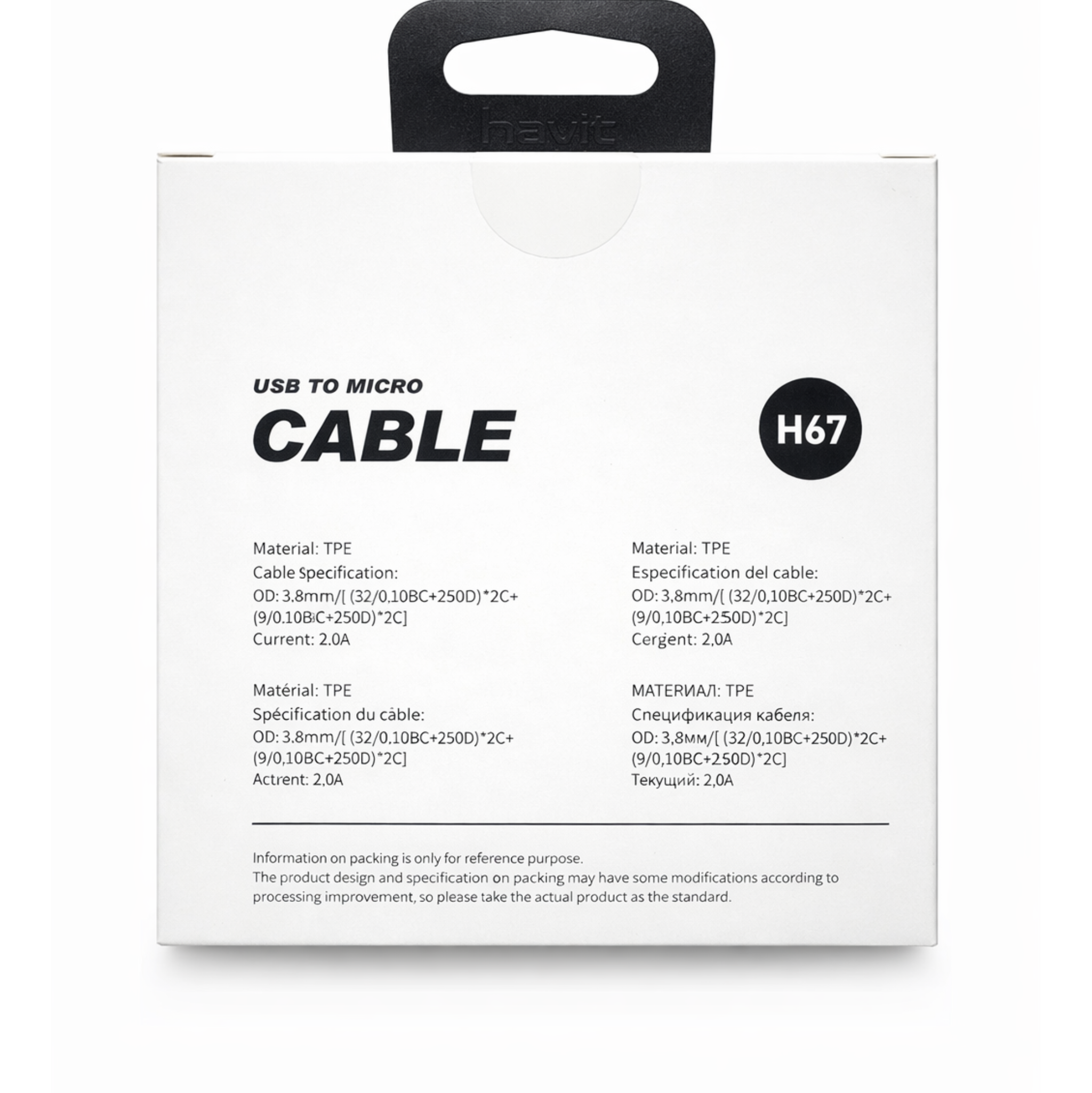Cable de Datos Havit HV-H67 USB a Micro USB 1.0m Negro – Carga Rápida 2A